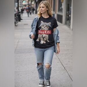 DOM Hug Life Kitten Graphic T-Shirt navy blue Size S Cute Funny Cat Tee
